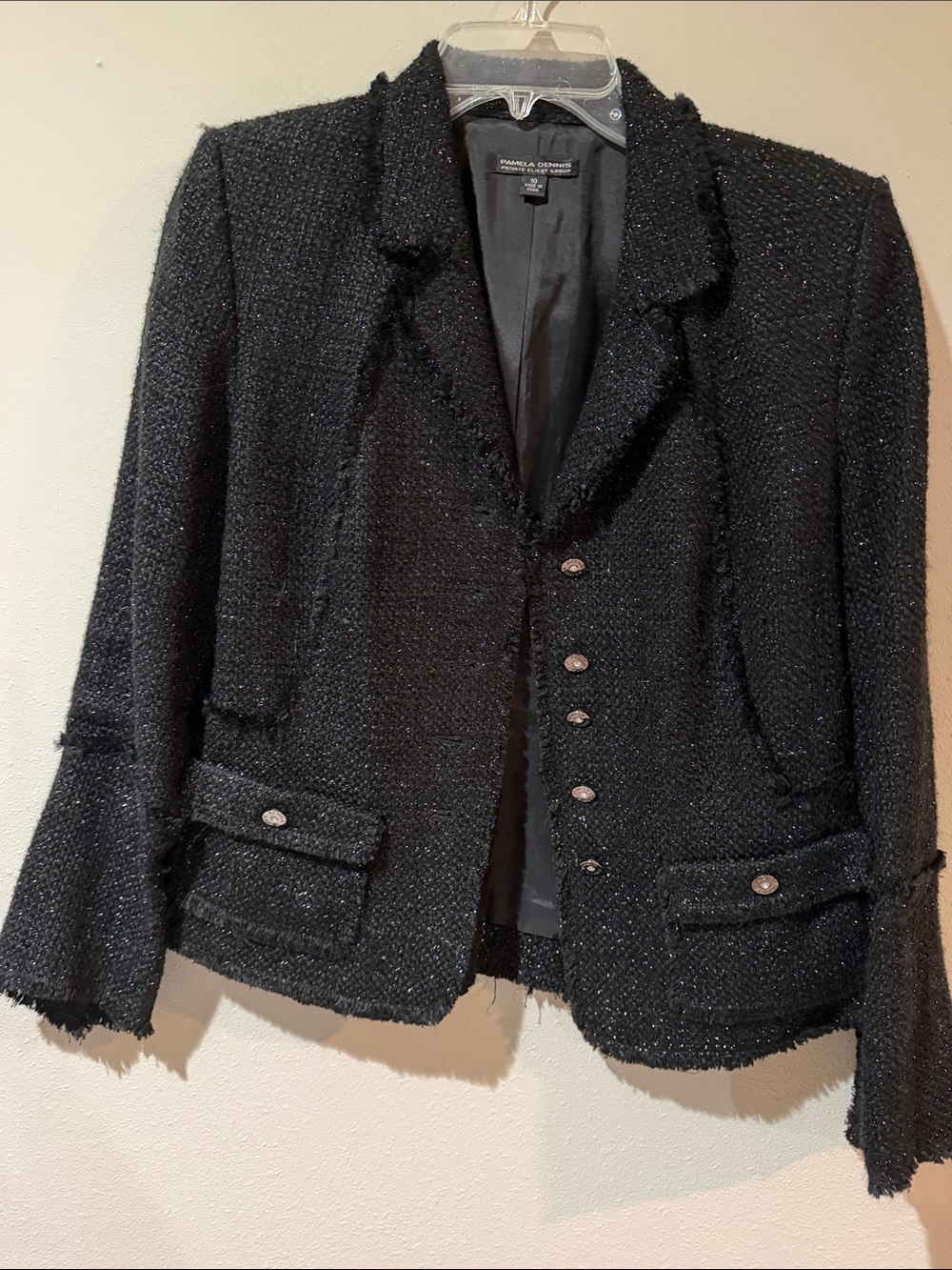 Pamela Dennis Black Bouclé Fringe Button Blazer